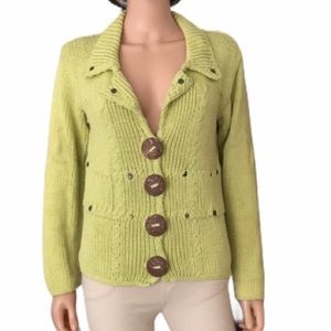 NWOT PURE hand knit cotton green button sweater